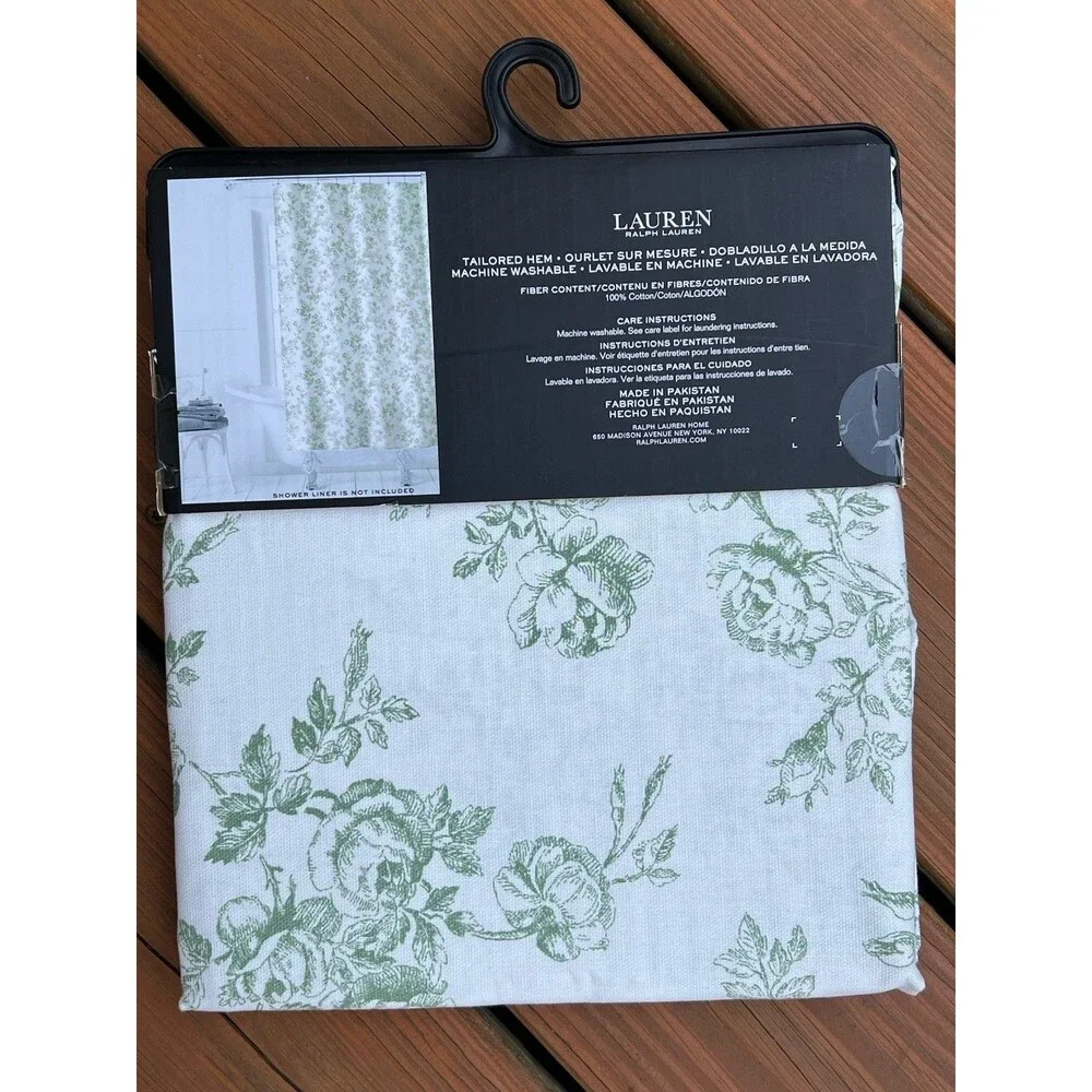 Ralph Lauren Cotton Fabric Shower Curtain White & Green Toile Roses Floral New